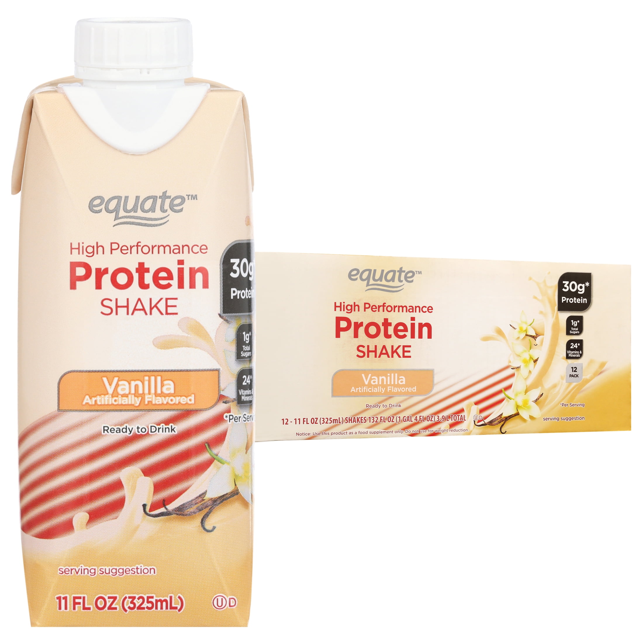 Equate High Performance Protein Shake, Vanilla, 30g Protein, 11 fl oz, 4 Ct