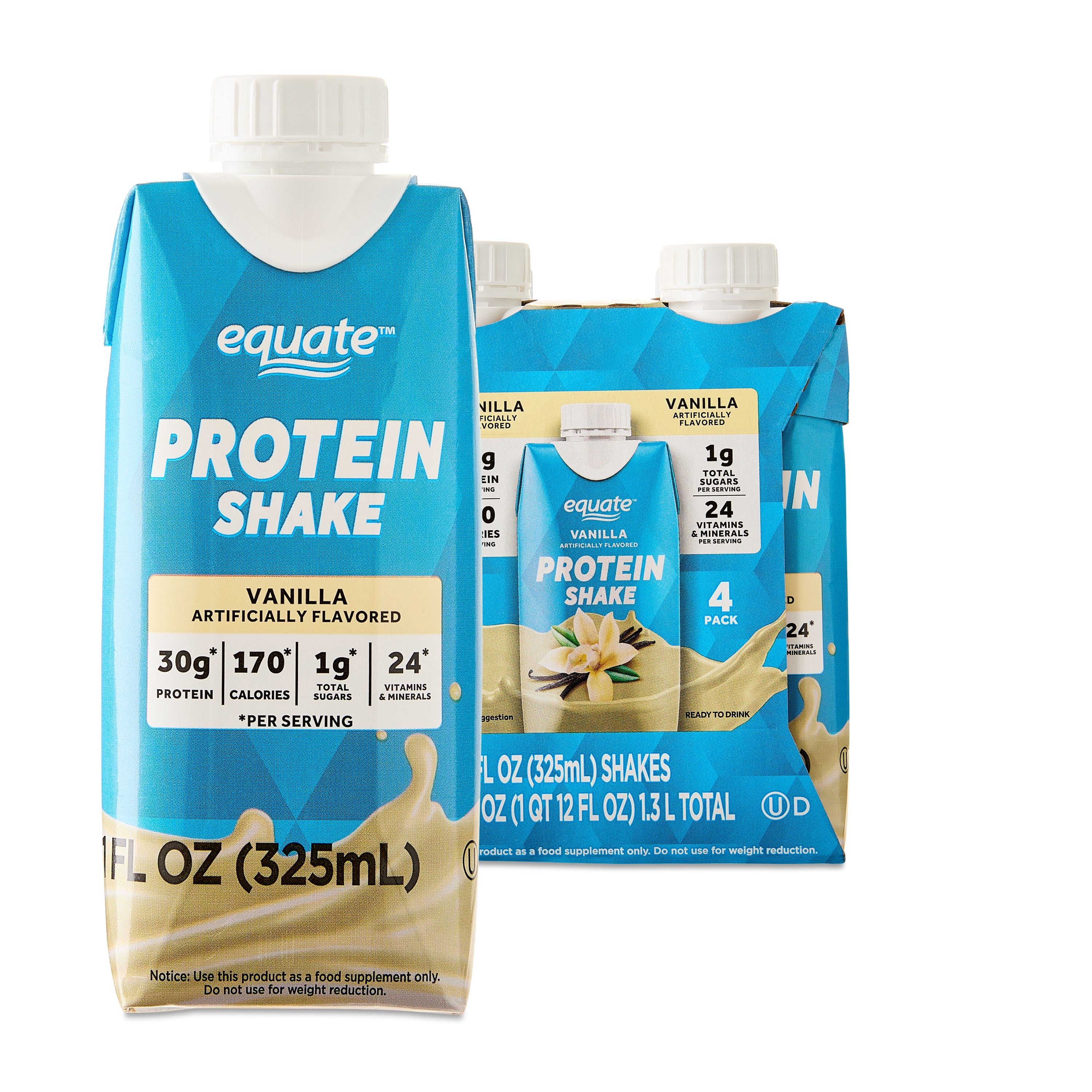 Equate High Performance Protein Shake, Vanilla, 30g Protein, 11 fl oz, 4 Ct
