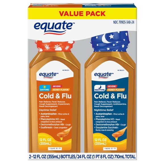Equate Honey Flavor Daytime and Nighttime Severe Cold and Flu Relief, Liquid Medicine Combo Pack, 2-12 fl oz