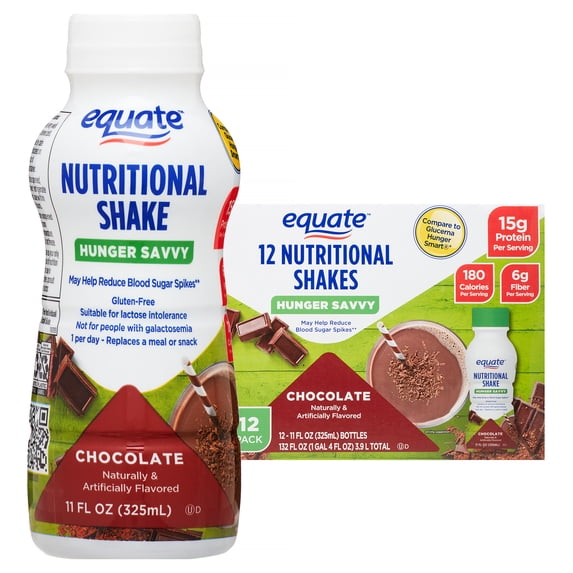 Equate Hunger Savvy Nutritional Shakes, Chocolate, 11 fl oz, 12 Count, Compare to Glucerna Hunger Smart Chocolate