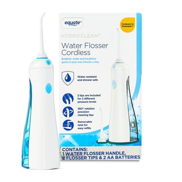 Equate HydroClean Cordless Water Flosser with Removable Tank (1 Water Flosser, 2 Flosser Tips, 2 AA Batteries), Compare to Waterpik®