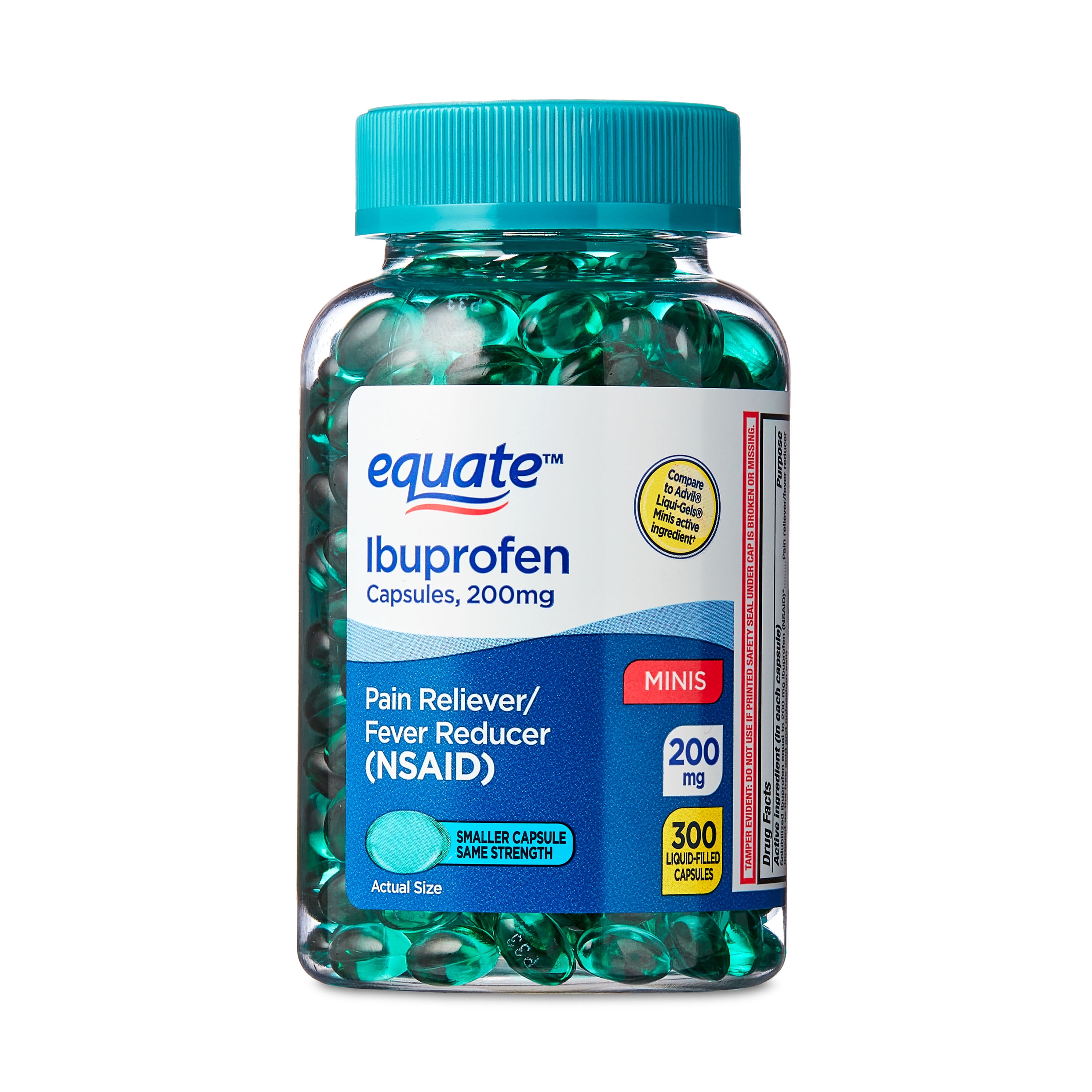 Equate Ibuprofen Mini Liquid Filled Softgel Capsules, 200 mg, Pain Relief & Fever Reducer, 300 Count, Compare to Advil LIQUI-GELS Minis Active Ingredient