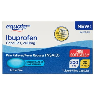Equate Ibuprofen Mini Liquid Filled Softgel Capsules, 200 mg, Pain Relief & Fever Reducer, 20 Count, Compare to Advil® LIQUI-GELS Minis Active Ingredient