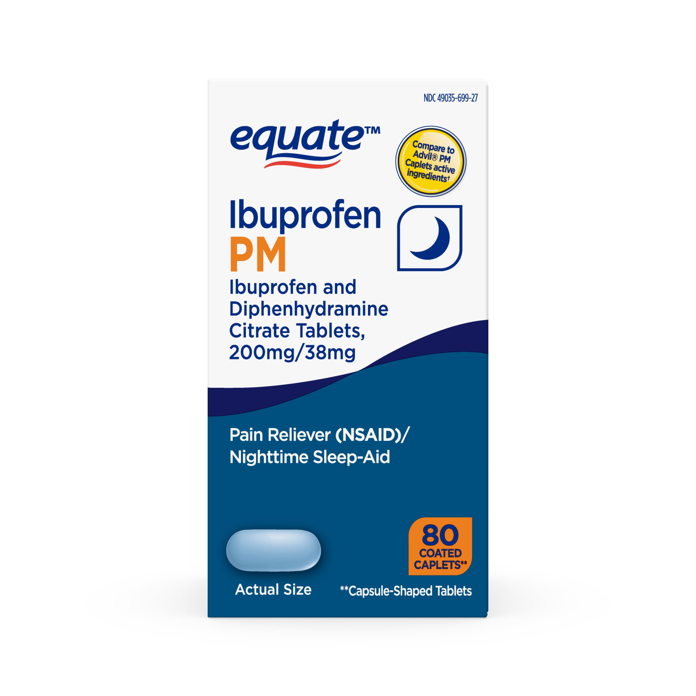Equate Ibuprofen PM, Ibuprofen and Diphenhydramine Citrate Tablets, 200 mg/38 mg , 80 Count
