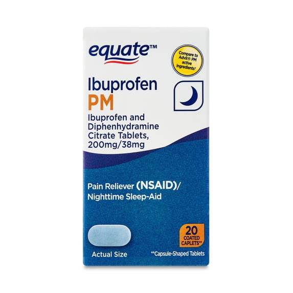 Equate Ibuprofen PM Sleep Support and Pain Reliever Caplets, 20 Count