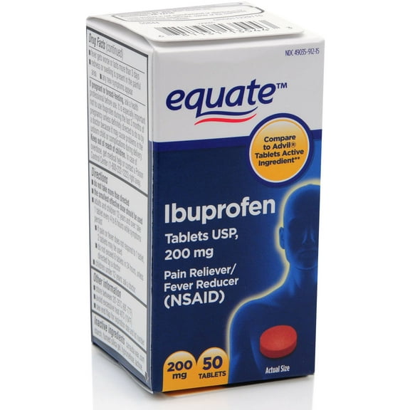 Equate Ibuprofen Pain Reliever and Fever Reducer Tablets, 200 mg, 50 Count