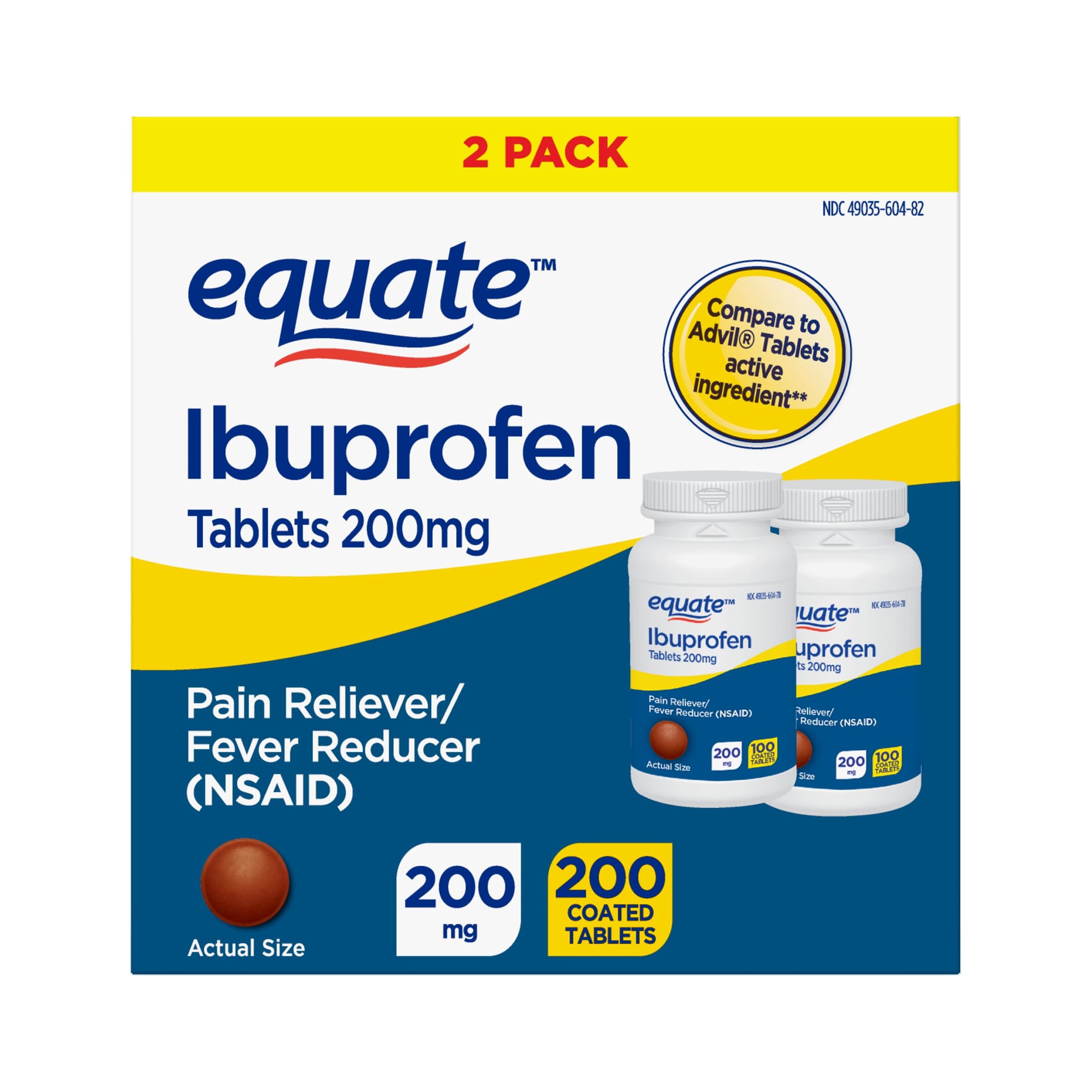 Equate Ibuprofen Tablets 200 mg, Pain Reliever/Fever Reducer, 2 Pack, 200 Count - image 1 of 9