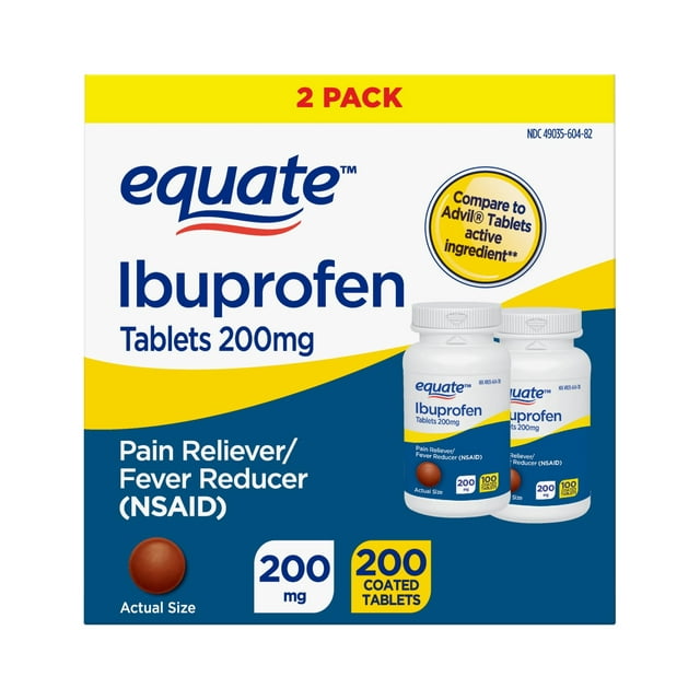 Equate Ibuprofen Tablets 200 mg, Pain Reliever/Fever Reducer, 2 Pack, 200 Count
