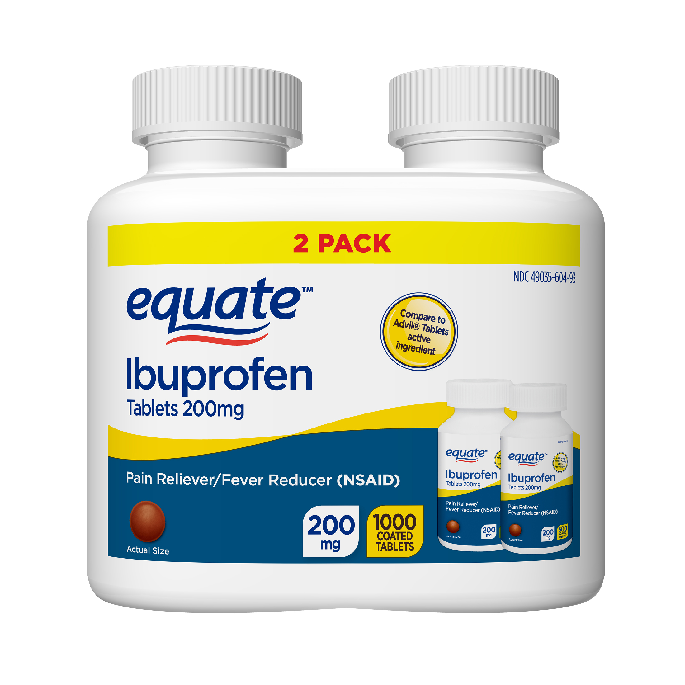 Equate Ibuprofen Tablets 200 mg, Pain Reliever/Fever Reducer, Twin Pack, 1000 Count - image 1 of 7