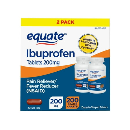 Equate Ibuprofen Tablets, 200 mg, Pain Reliever and Fever Reducer, 200 Count (2x100 Count), Compare to Advil® Caplets Active Ingredient