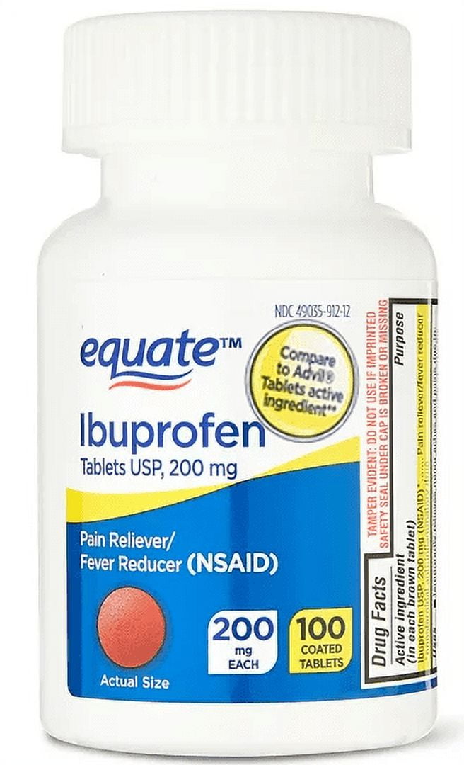 Equate Ibuprofen Tablets, 200 mg, Pain Reliever and Fever Reducer, 100 Count, Compare to Advil Tablets Active Ingredient