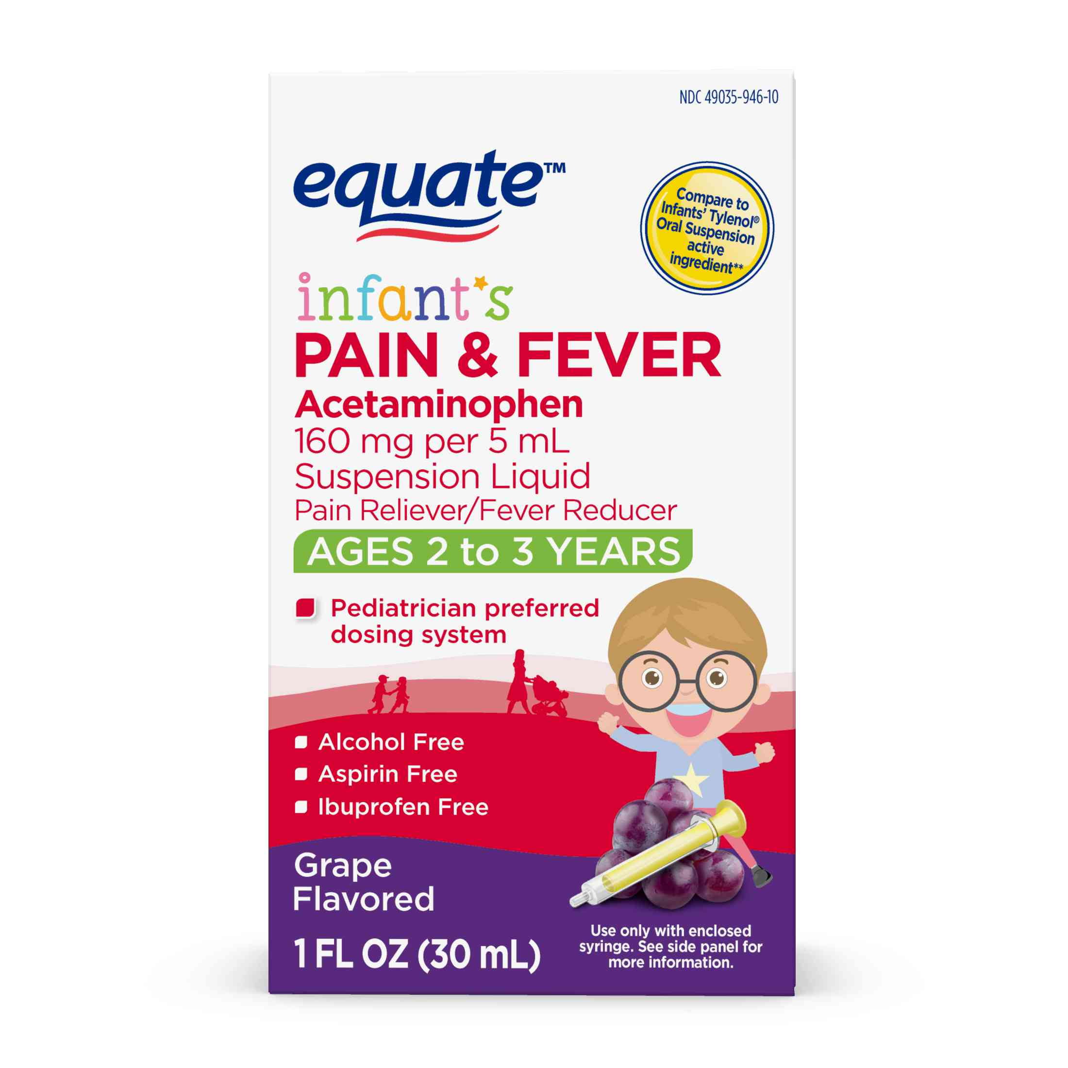 Equate Infants' Pain & Fever, Acetaminophen 160 mg per 5 ml, Suspension Liquid, Grape Flavor,1