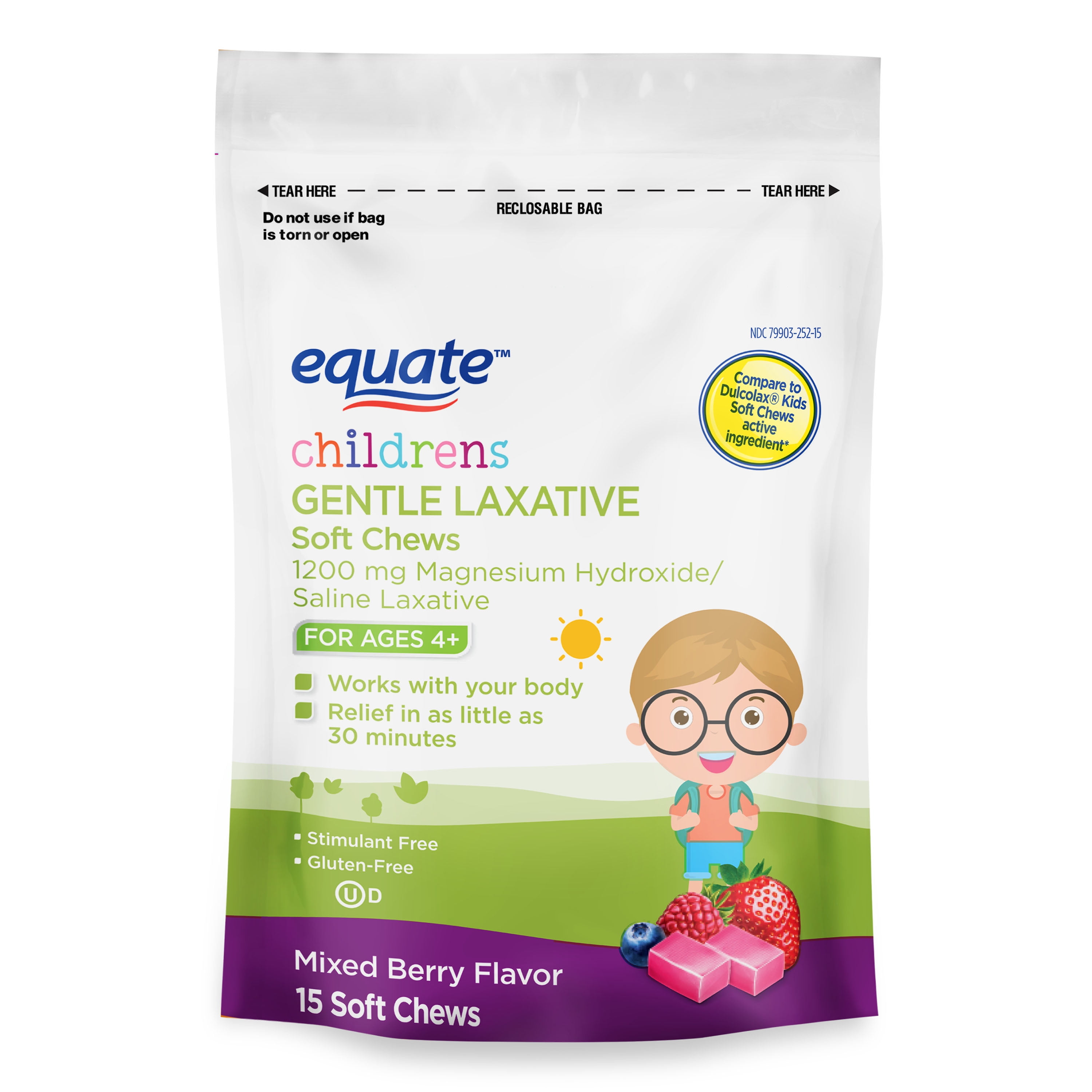 Equate Children's Magnesium Hydroxide Gentle Laxative Soft Chews, 1200 mg, Mixed Berry Flavor, Ages 4+, 15 Count, Compare to Dulcolax Kids Soft Chews Active Ingredient