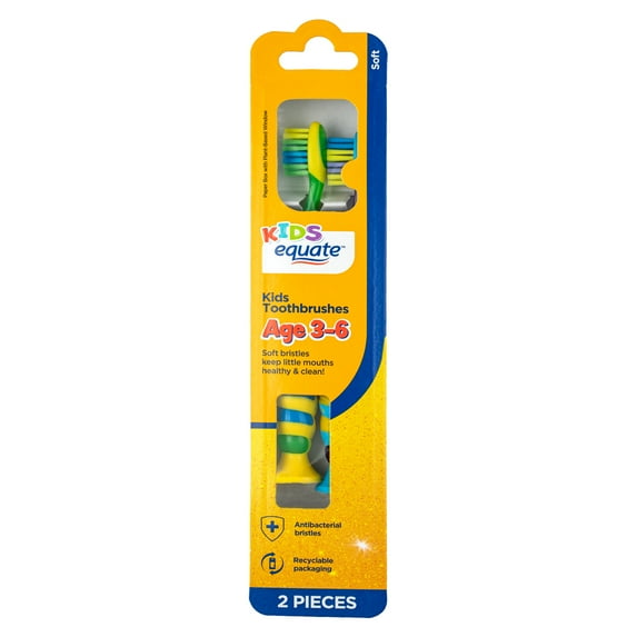Equate Kids Toothbrush for Ages 3 to 6 with Suction Cup, Soft Bristles (2 Count)