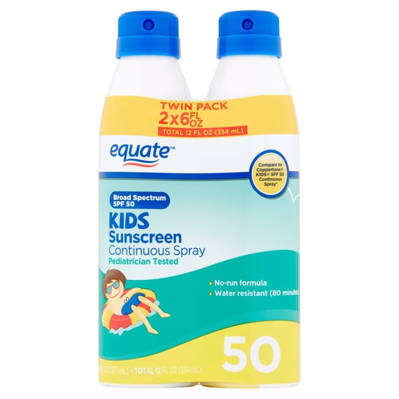 Equate Kids Broad Spectrum Sunscreen Continuous Spray Twin Pack, SPF 50, 6 oz, 2 Count