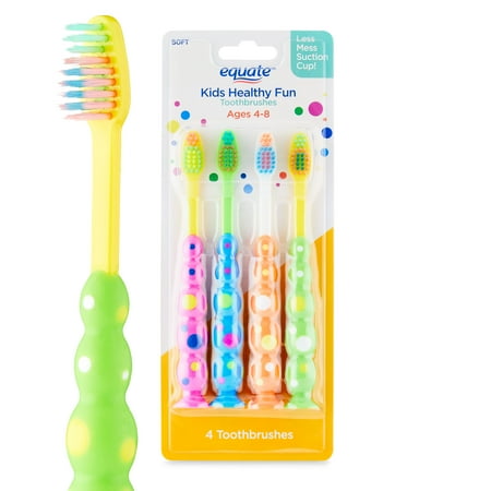 Equate Kids Healthy Fun Toothbrushes for Ages 4 to 6 with Suction Cup, Soft Bristles (4 Count)