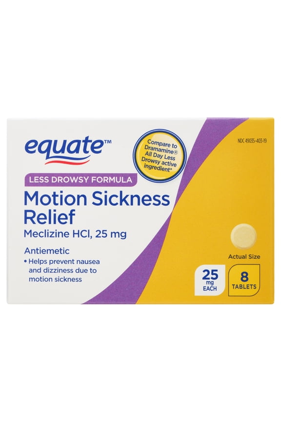 Less Drowsy Formula Motion Sickness Relief Meclizine HCI Tablets, 25mg, 8 Count, Compare to Dramamine® All Day Less Drowsy Active Ingredients
