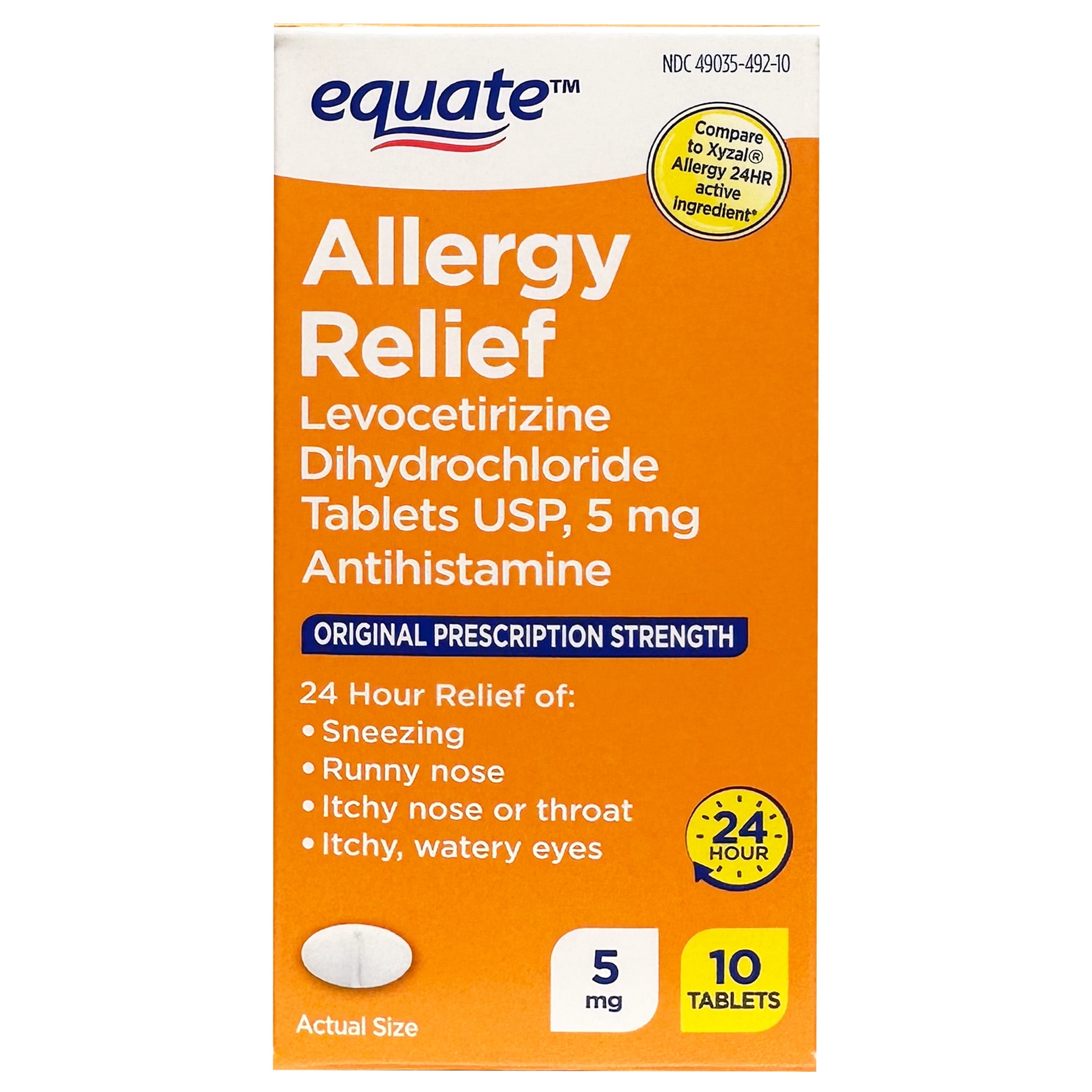Equate Levocetirizine Dihydrochloride 5mg Compare to Xyzal® Antihistamines Tablets for Usp Allergy with 10 Tablets