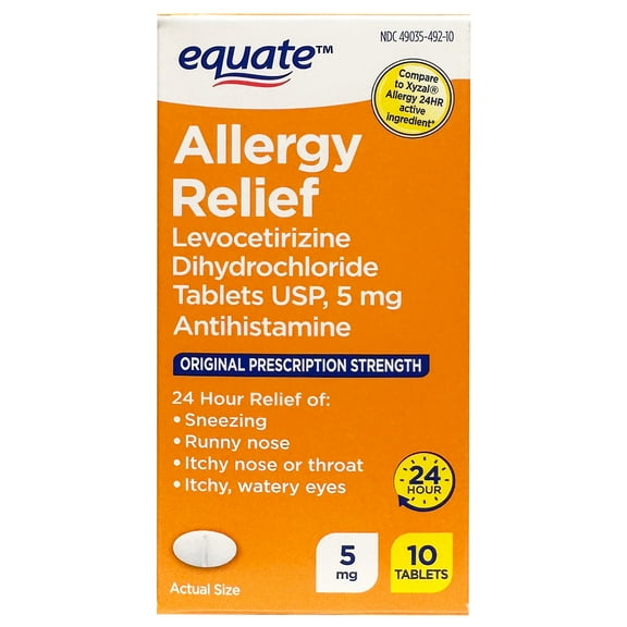 Equate Levocetirizine Dihydrochloride USP Allergy Relief Tablets, 5 mg, 10 Count Compare to Xyzal Allergy 24HR Active Ingredient
