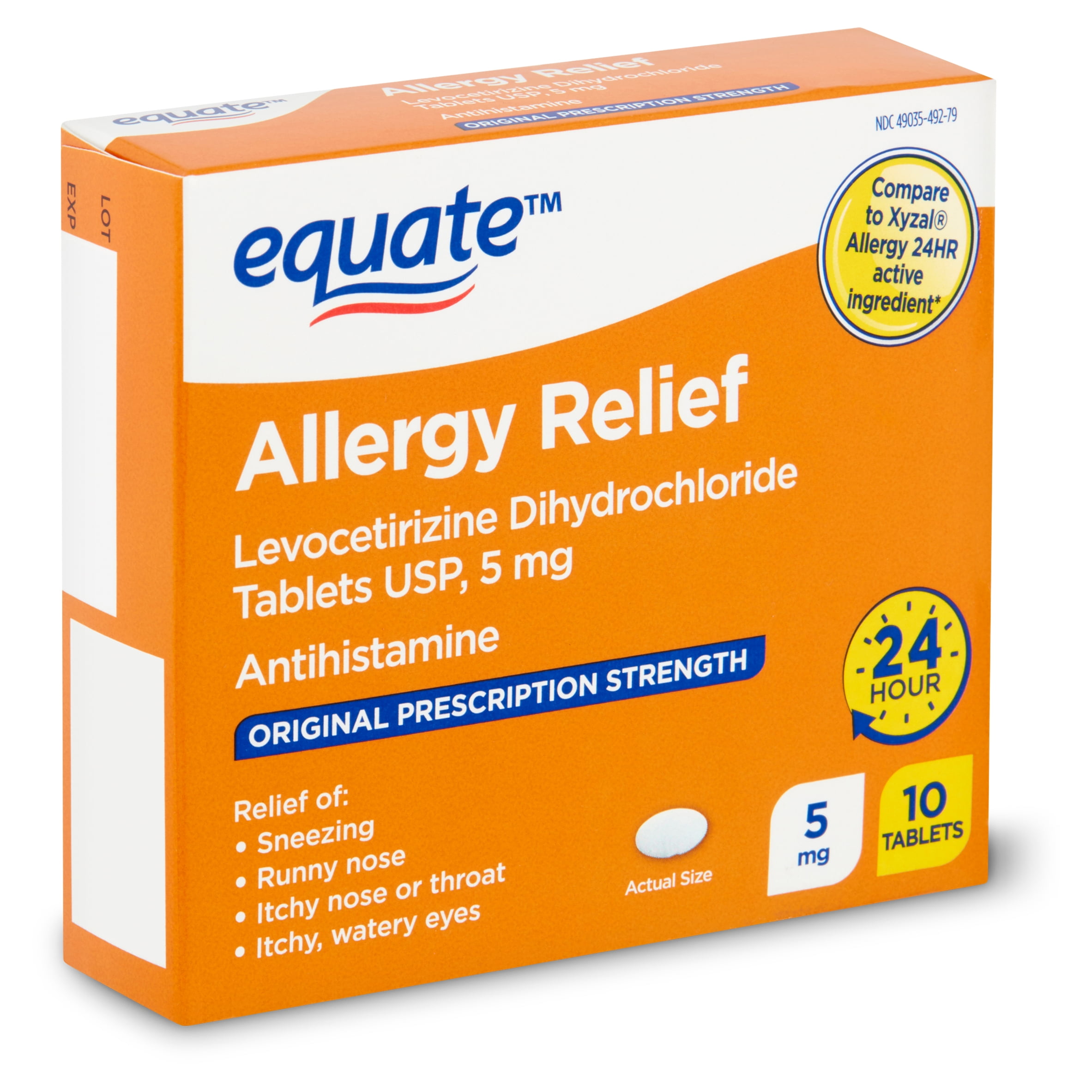 Equate Levocetirizine Dihydrochloride USP Allergy Relief Tablets, 5 mg, 10 Count Compare to Xyzal Allergy 24HR Active Ingredient