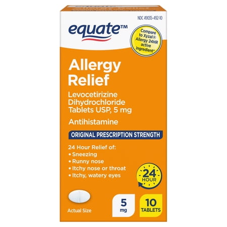 Equate Allergy Relief Tablets, Levocetirizine Dihydrochloride USP 5 mg, 10 Count, Compare to Xyzal Allergy 24HR Active Ingredient