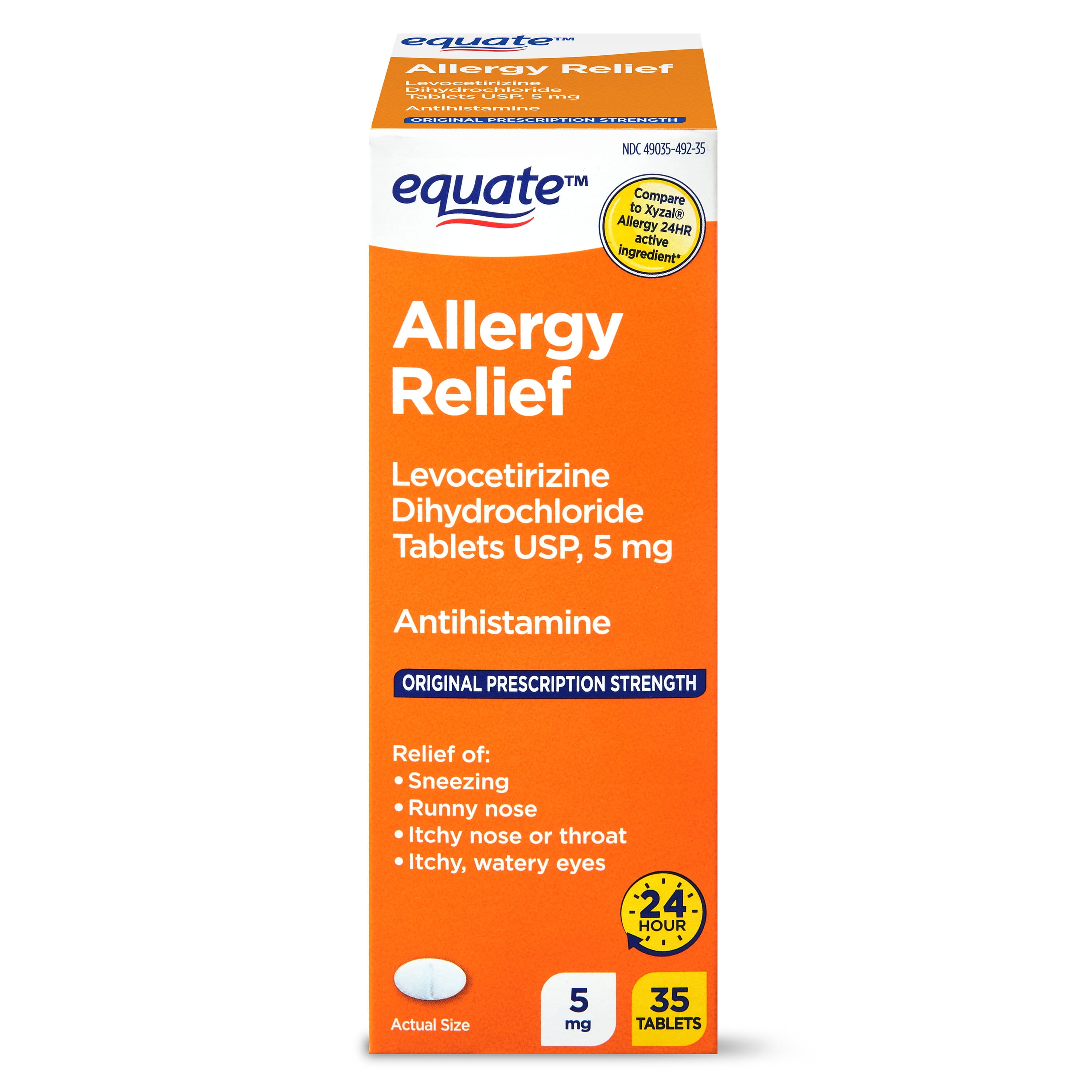 Equate Levocetirizine Dihydrochloride USP Allergy Relief Tablets, 5 mg, 35 Count Compare to Xyzal Allergy 24HR Active Ingredient