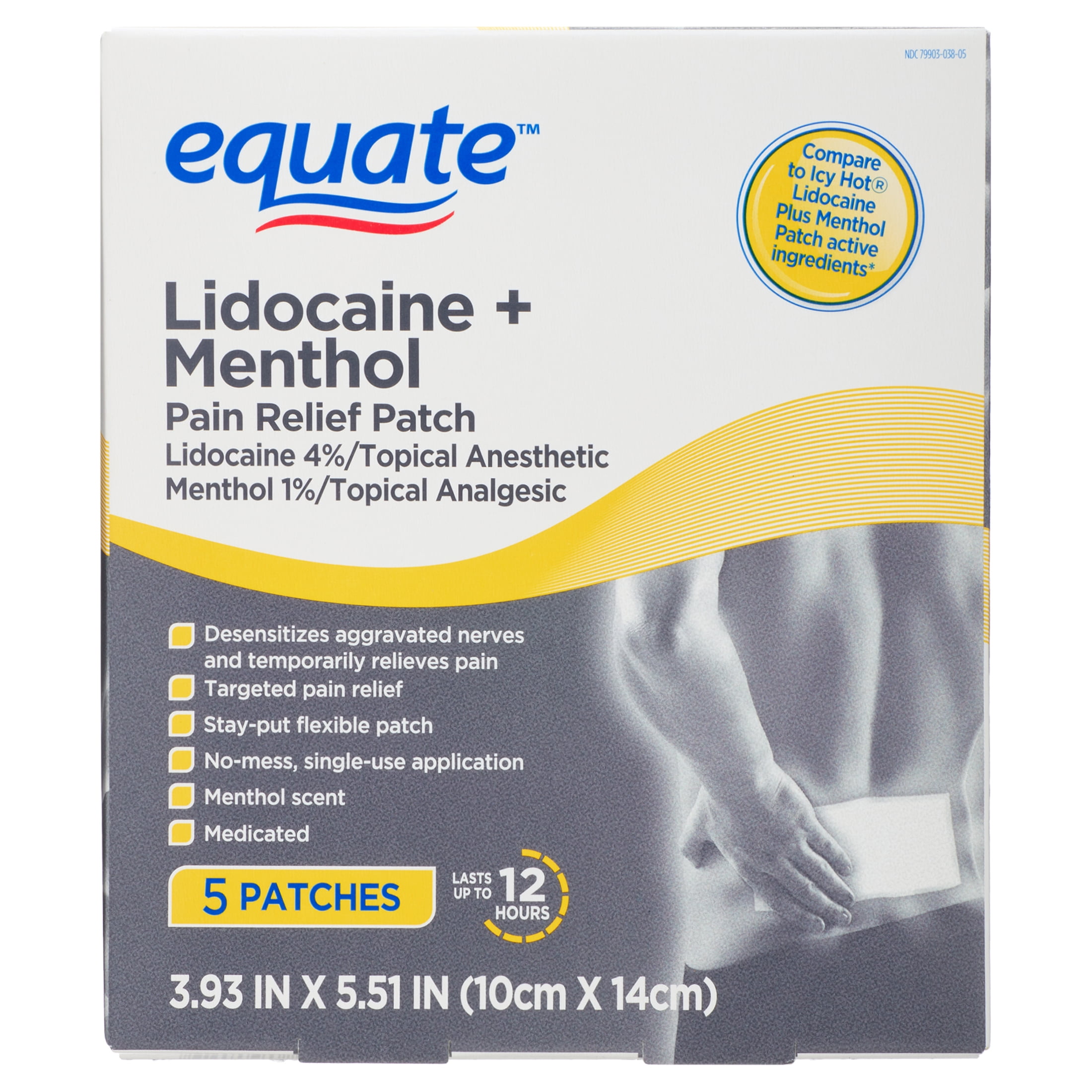 Equate Lidocaine + Menthol Pain Relief Patch 4% Lidocaine 1% Menthol, 5 Count, Compare To Icy Hot® Lidocaine Plus Menthol Patch Active Ingredients