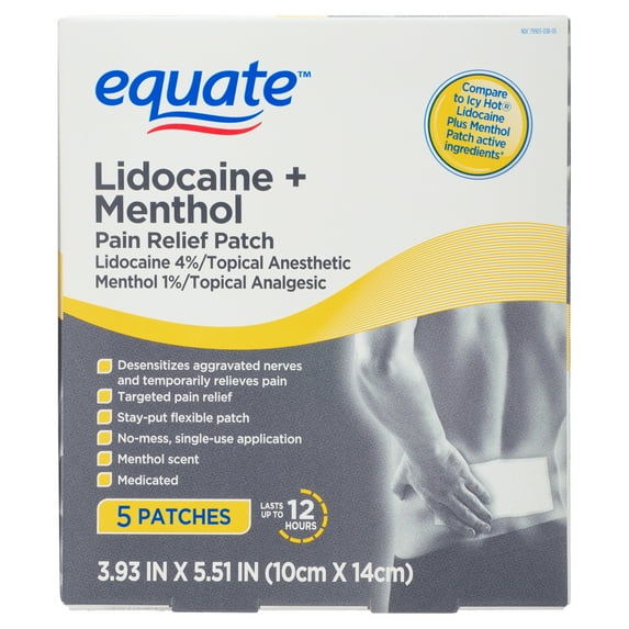 Equate Lidocaine + Menthol Pain Relief Patch 4% Lidocaine 1% Menthol, 5 Count, Compare To Icy Hot® Lidocaine Plus Menthol Patch Active Ingredients