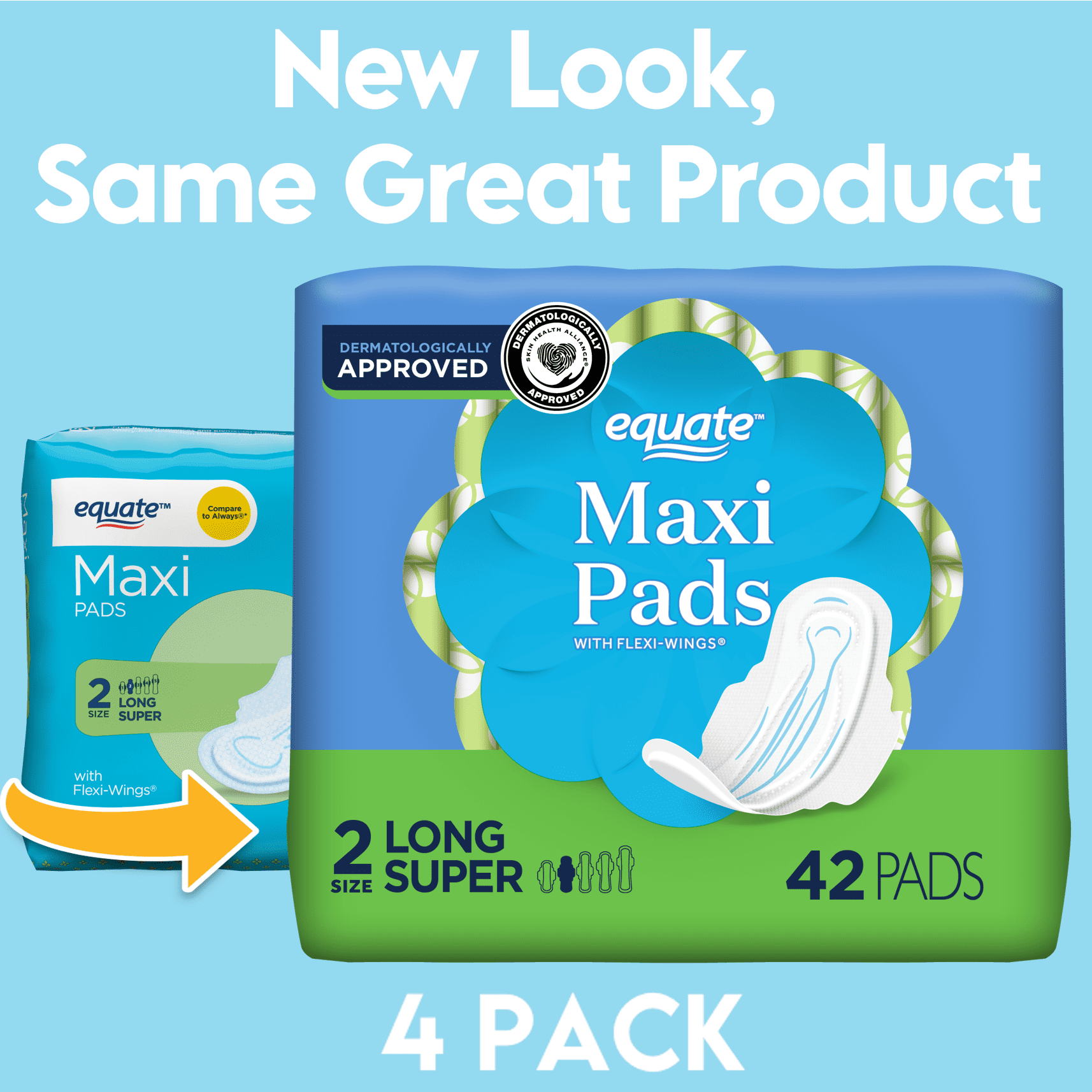 Equate Long Maxi Pads with Wings, Unscented, Super Absorbency (168 Count)