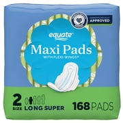 Equate Maxi Pads with Wings, Size 2, Long Super Absorbency, Compare to Always® (168 Count)