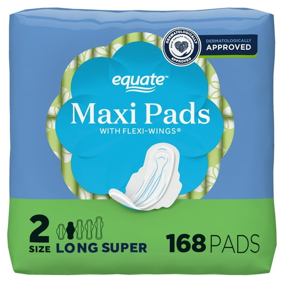 Equate Maxi Pads with Wings, Size 2, Long Super Absorbency, Compare to Always® (168 Count)