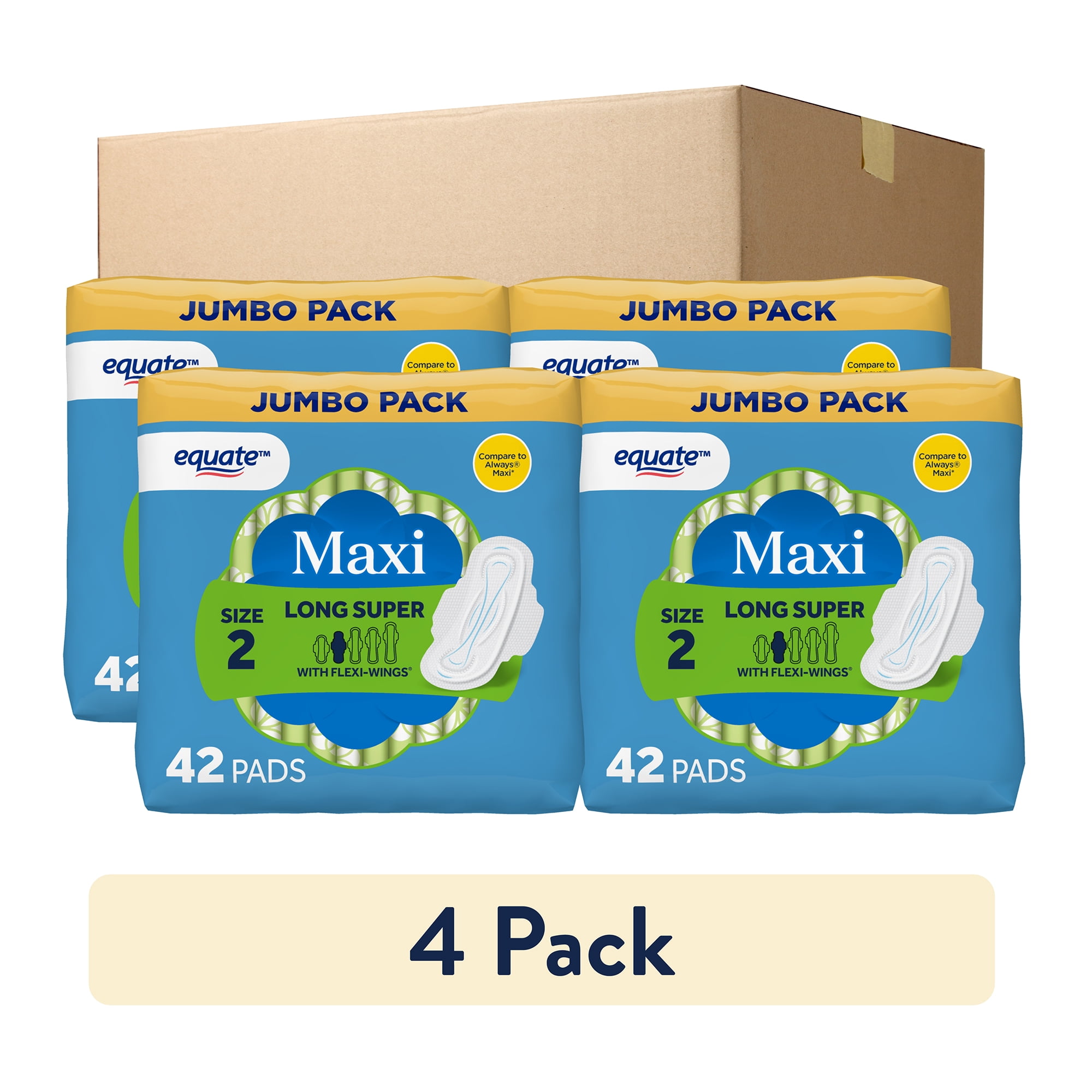 Equate Maxi Pads with Wings, Size 2, Long Super Absorbency, Compare to Always® (168 Count)