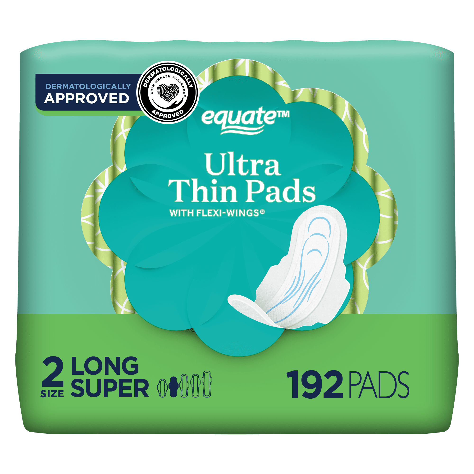 Equate Long Ultra Thin Pads with Wings, Super, Size 2, Unscented, Compare to Always Ultra Thin (192 Count)