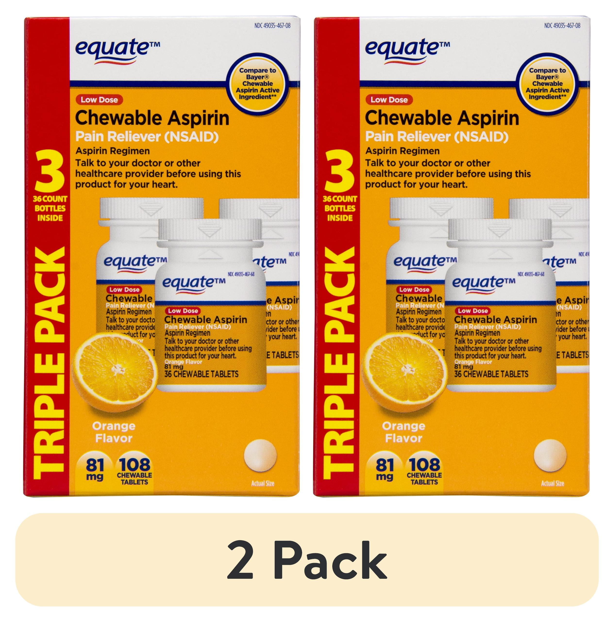 (2 pack) Equate Low Dose Chewable Aspirin 81 mg Tablets, Orange Flavor