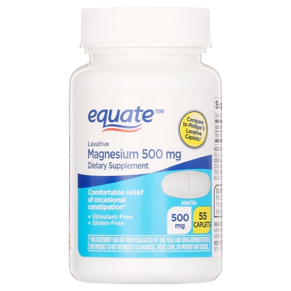 Equate Magnesium Laxative Dietary Supplement Caplets for Occasional Constipation, 500 mg, 55 Count, Compare to Phillips'® Laxative Caplets