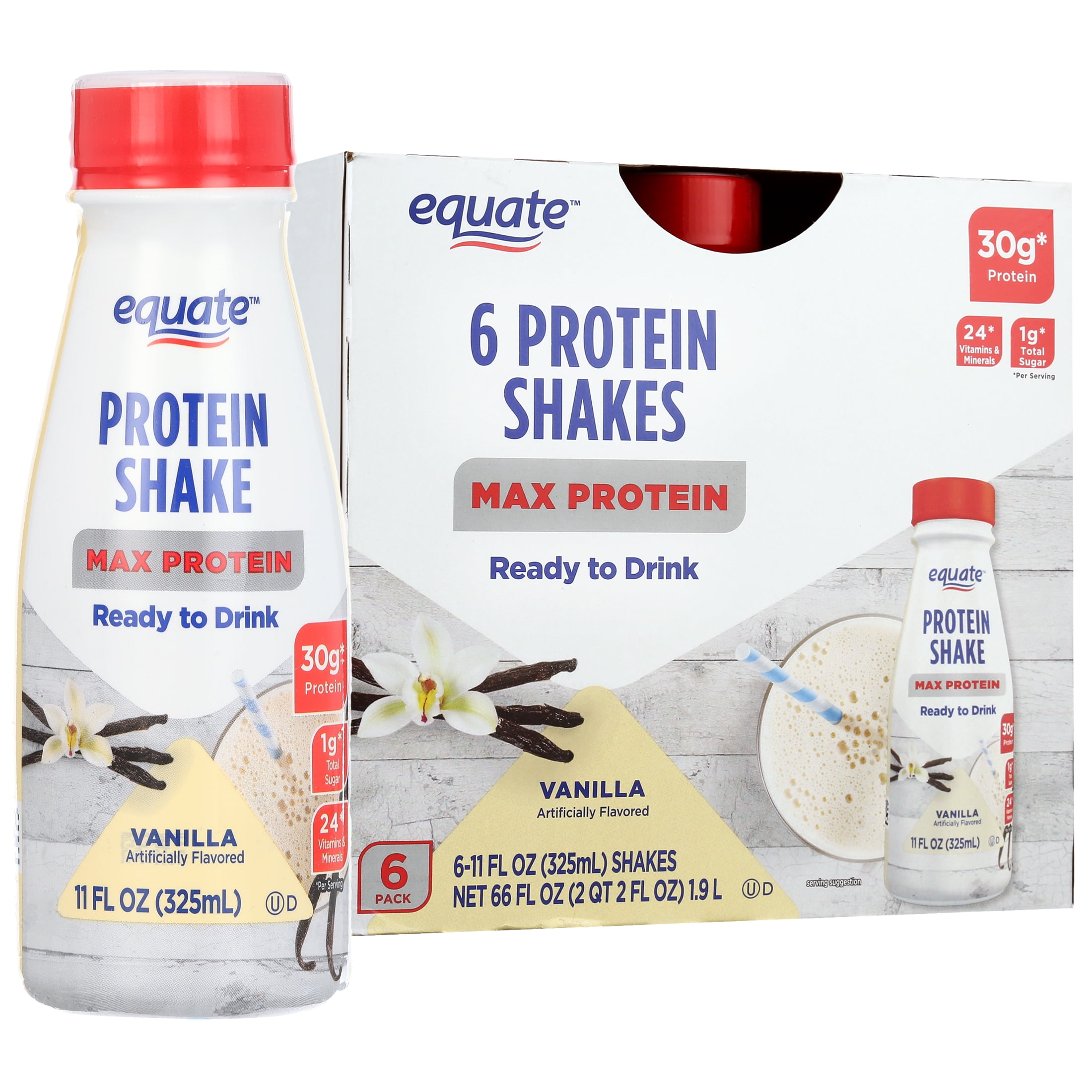 Equate Max Protein Nutrition Shakes, Vanilla, 11 fl oz, 6 Count
