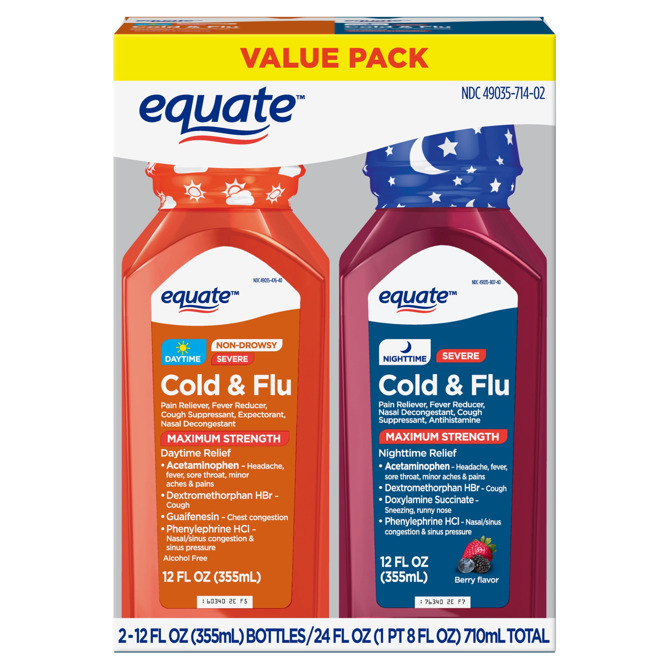 Equate Maximum Strength Severe Cold & Flu Relief, Daytime & Nighttime Combo Pack, 2x12 fl oz