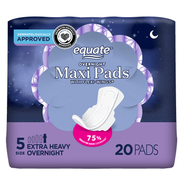Equate Overnight Maxi Pads with Wings, Size 5, Extra Heavy Overnight Protection (20 Count)