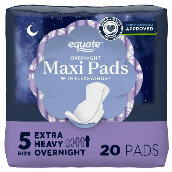 Equate Maxi Pads with Wings, Size 5, Extra Heavy Overnight Absorbency, Compare to Always® (20 Count)