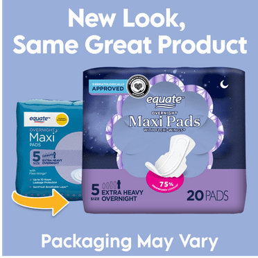 Equate Overnight Maxi Pads with Wings, Size 5, Extra Heavy Overnight Protection (20 Count)