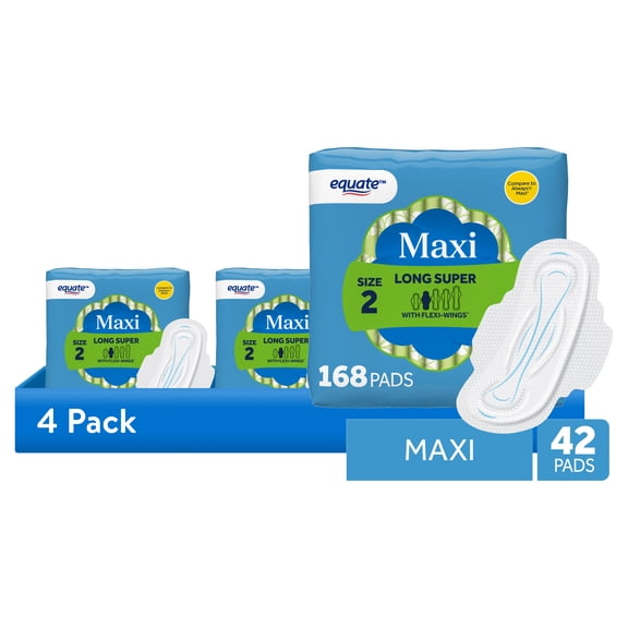 (4 pack) Equate Maxi Pads with Flexi-Wings, Long Super Absorbency, Size 2, 42 Count
