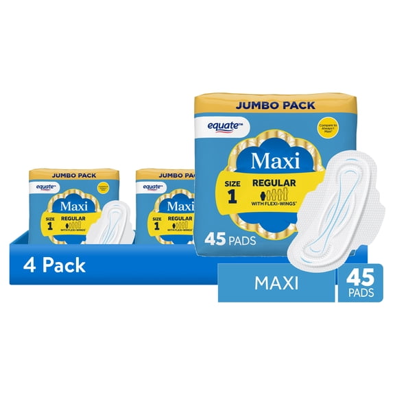 (4 pack) Equate Maxi Pads with Flexi-Wings, Regular Absorbency, Size 1, 45 Count