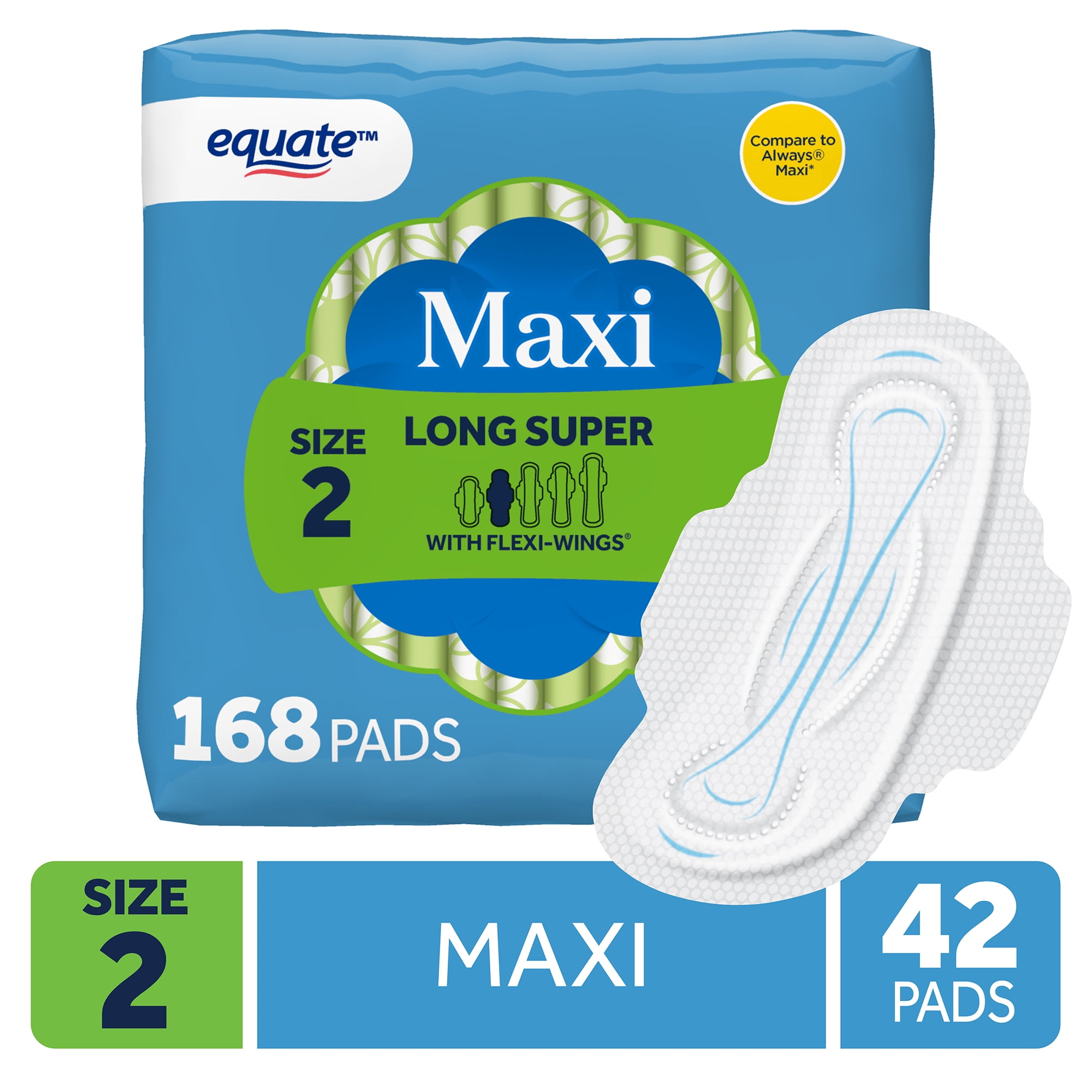 Equate Maxi Pads with Flexi-Wings, Long Super Absorbency, Size 2, 42 Count