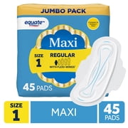 Equate Maxi Pads with Flexi-Wings, Regular Absorbency, Size 1, 45 Count