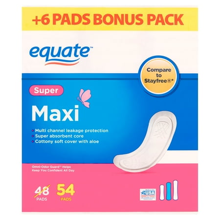 Equate Maxi Pads with Wings, Super, Unscented, 54 Count