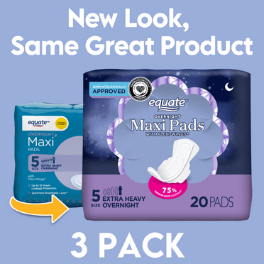 Equate Maxi Pads with Wings, Unscented, Extra Heavy Overnight, Size 5 (60 Count)