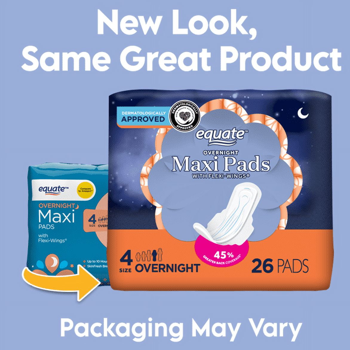 Equate Maxi Pads with Wings, Unscented, Overnight, Size 4 (26 Count)