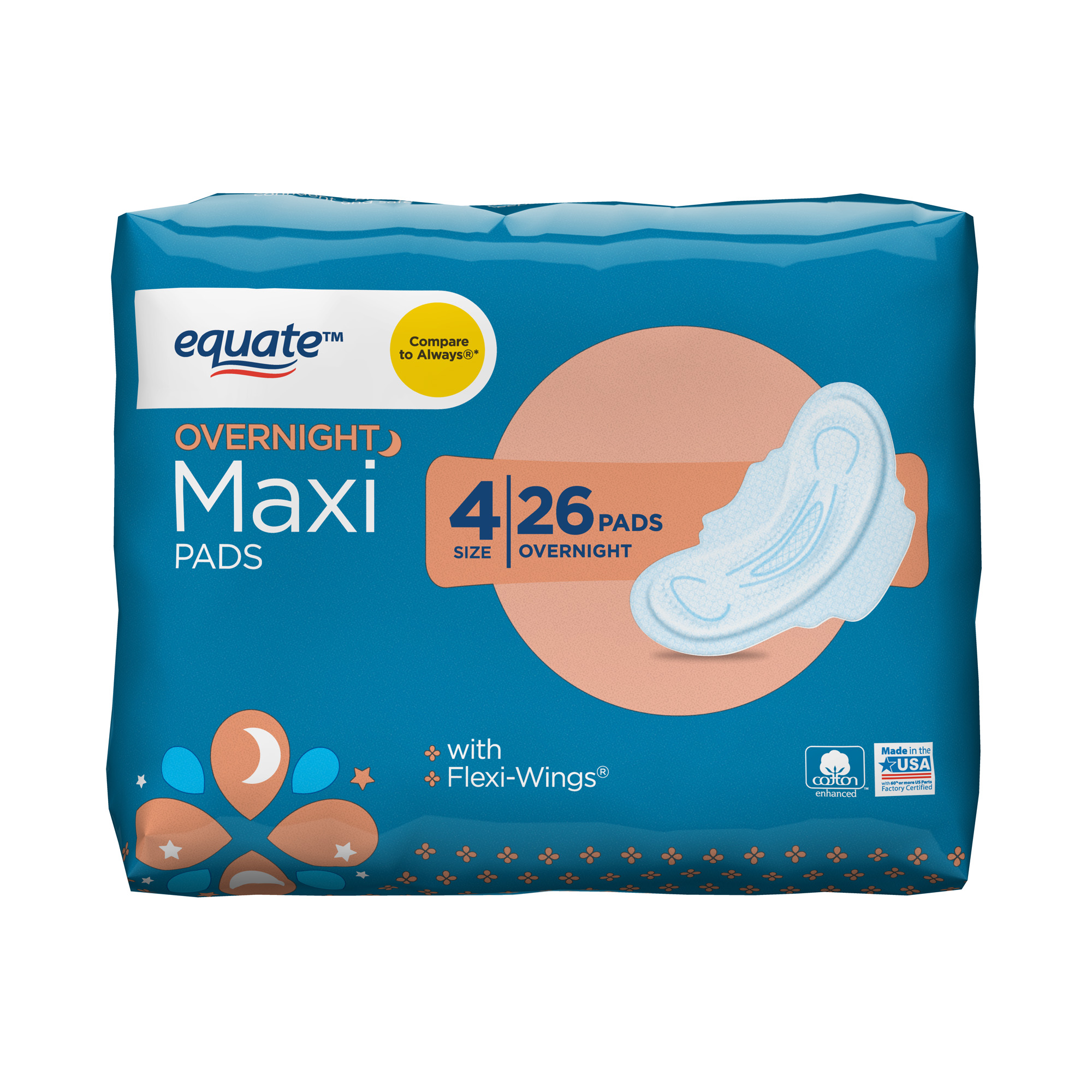 Equate Maxi Pads with Wings, Unscented, Overnight, Size 4 (26 Count) - image 1 of 2