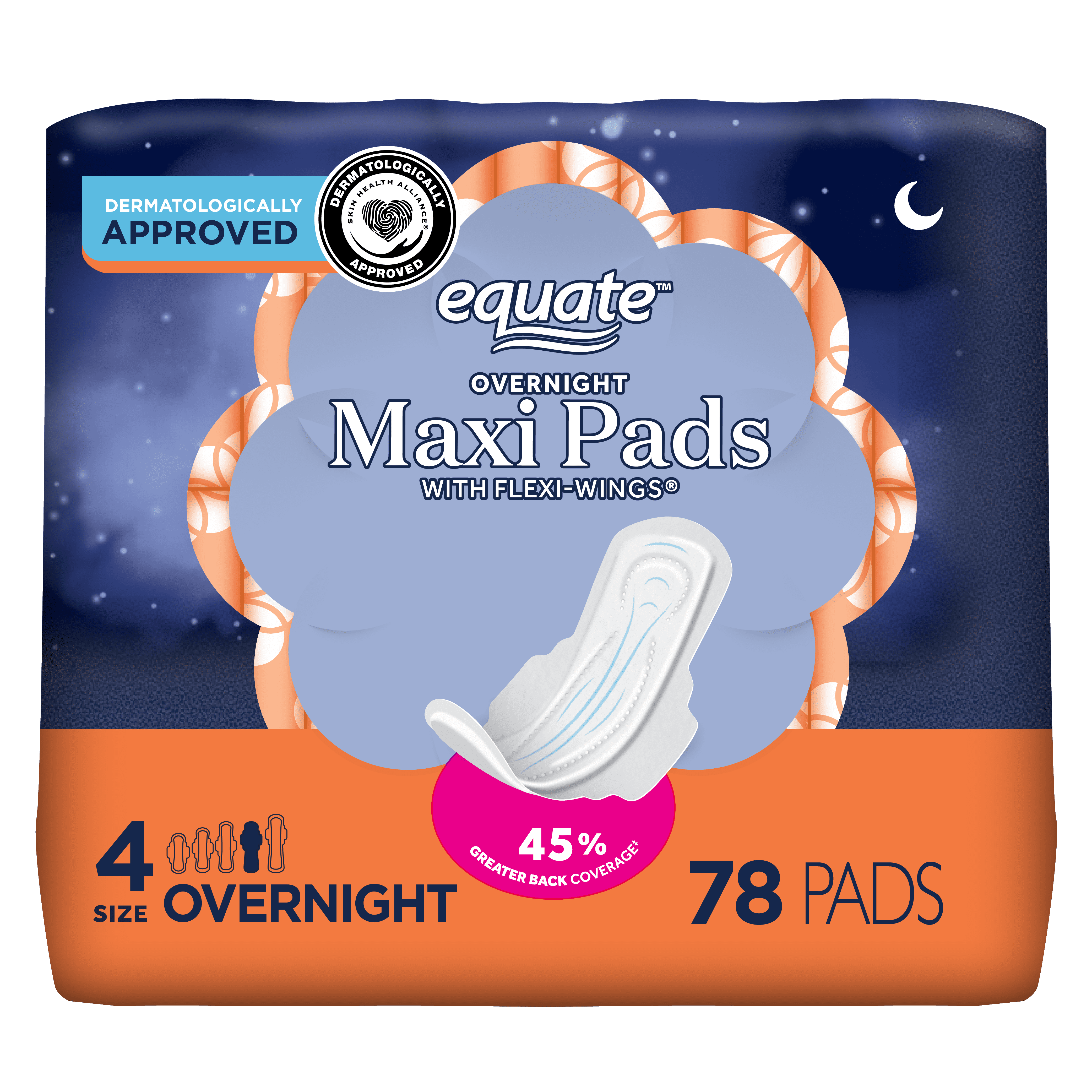 Equate Maxi Pads with Wings, Overnight, Size 4, Unscented, Compare to Always Maxi (78 Count)