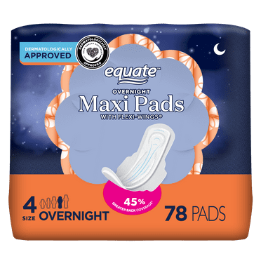 Equate Maxi Pads with Wings, Unscented, Overnight, Size 4 (78 Count)